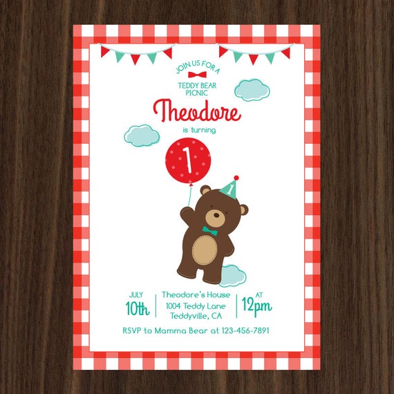 DIGITAL FILE Teddy Bear Picnic Invitation Teddy Bear Birthday Bear