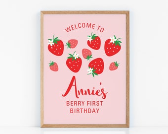 Berry First Birthday Welcome Sign, Strawberry Birthday Sign, Strawberries Party Decoration, Girl's Birthday Welcome Sign 8.5x11 inches