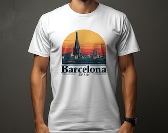 バルセロナ スペイン グラフィック T シャツ、ヴィンテージ トラベル T シャツ、レトロなバルセロナ スカイライン シャツ、旅行者へのギフト、スペインのお土産トップ