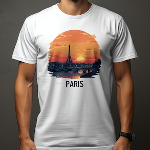 Maglietta alla moda con tramonto a Parigi, vista panoramica sulla Torre Eiffel, idea regalo romantica, abbigliamento casual elegante, maglietta grafica unisex