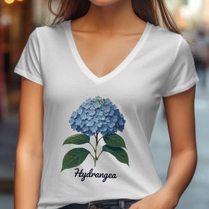 Hydrangea Flower V-Neck T-Shirt, Botanical Floral Print Tee, Garden Plant T-Shirt, Blue Hydrangea Design Shirt, Gift For Flower Lovers