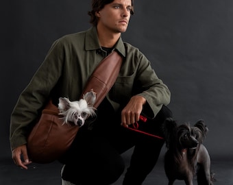 Noah & Paw Dog Sling Carrier for Small Dogs with Adjustable Padded Strap, Vegan Leather, Breathable Plush, 3x Safety Feature (Brown)