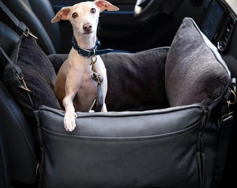 Portabebés para coche para perros, espuma viscoelástica ortopédica, cuero vegano, 4 niveles de seguridad (carbón vegetal)