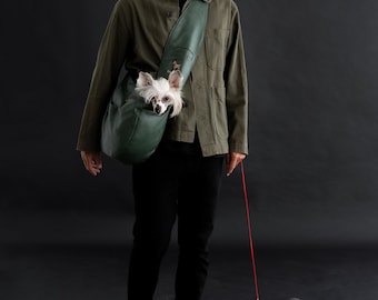 Noah & Paw Dog Sling Carrier for Small Dogs with Adjustable Padded Strap, Vegan Leather, Breathable Plush, 3x Safety Feature (Dark Green)