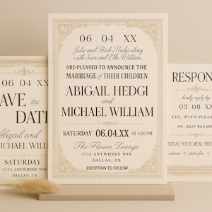 Elegante, op het oosten geïnspireerde mock-upset voor huwelijksuitnodigingen met save-the-date, reactiekaart en hoofduitnodiging delicate vintage details