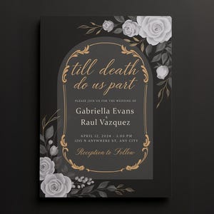 Dunkles, elegantes, gotisches Hochzeitseinladungs-Set Till Death Do Us Part Invite QR RSVP Moody Black & Gold Hochzeitskarten
