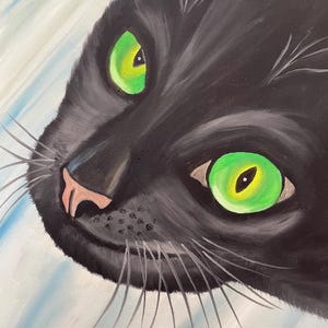 Peinture à l'huile originale signée Oeuvre d'art chat noir yeux verts