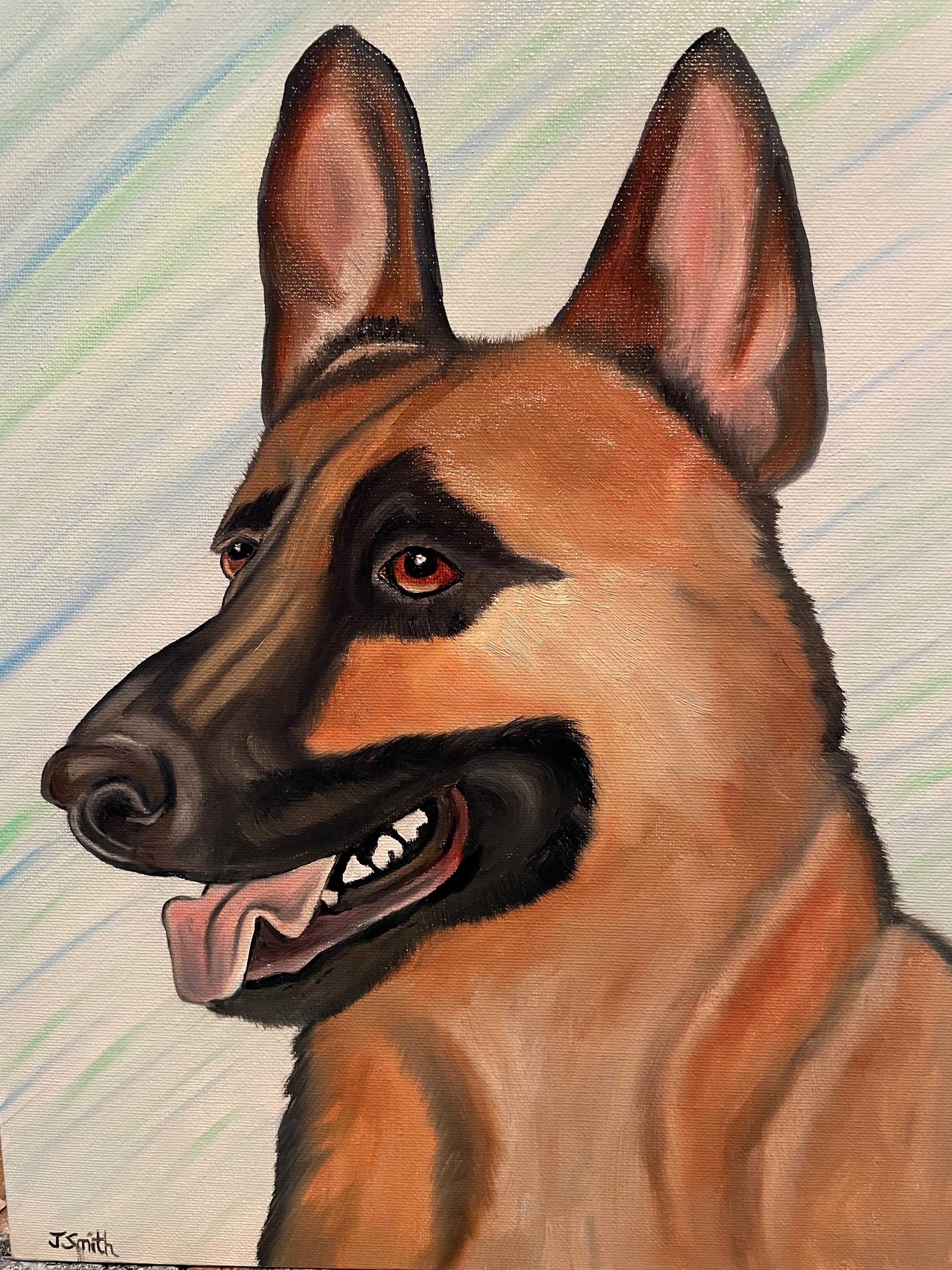 オリジナル油絵 サイン入りアートワーク ジャーマンシェパード犬