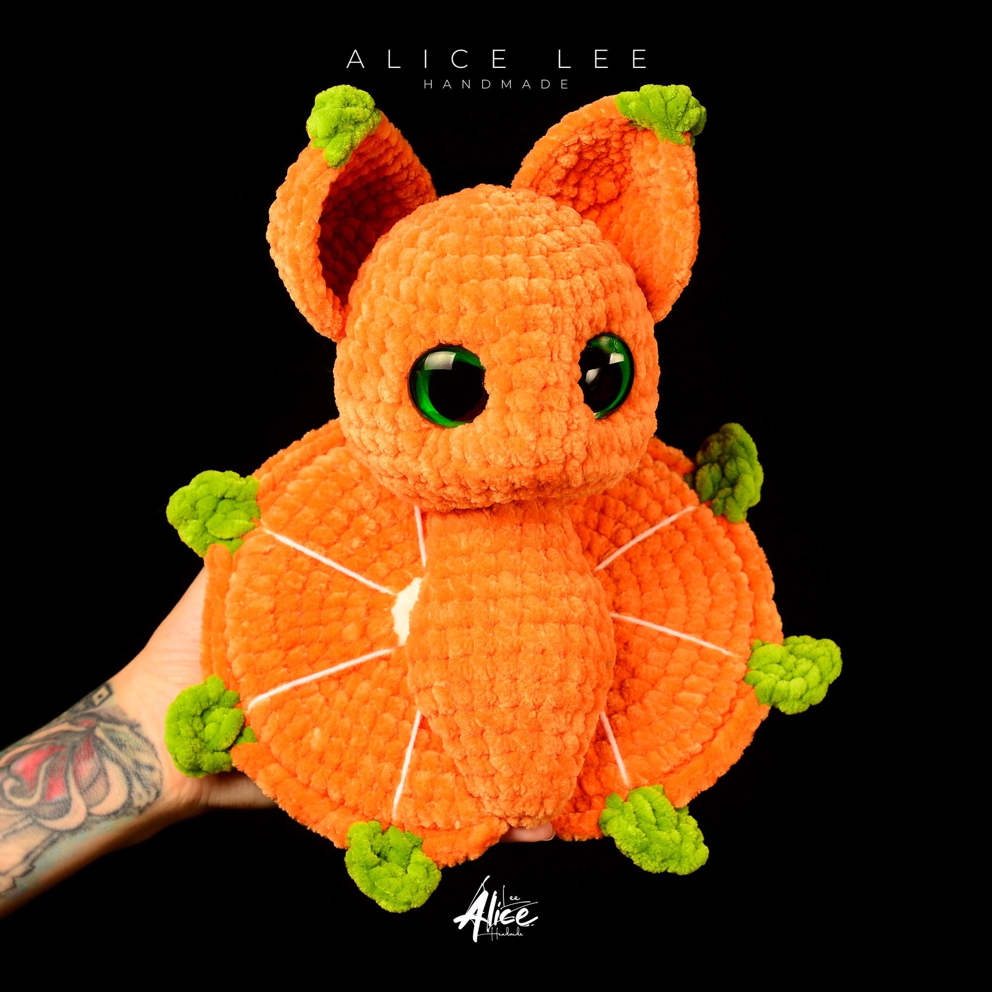 Crochet Orange Fruit Bat Plushie: Halloween Stuffed Animal with Green Leaf Wings - Thumbnail 5