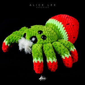 Watermelon Body Spider. Round plush toy with fruit design. Soft handmade stuffed animal for spider lovers. Alice Lee Handmade.