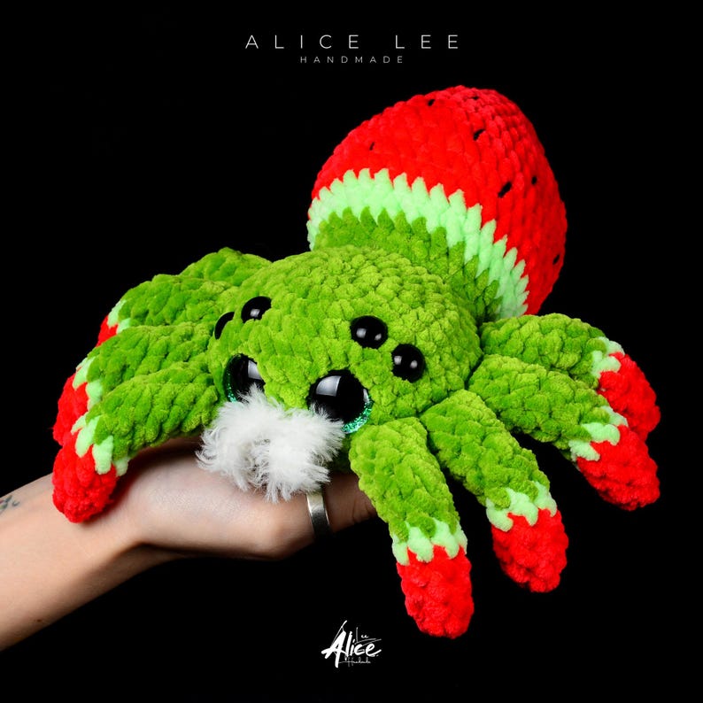 Fruit Spider Toy. Crochet spider with watermelon stripe design and large eyes. Unique tropical arachnid plush. Alice Lee Handmade.