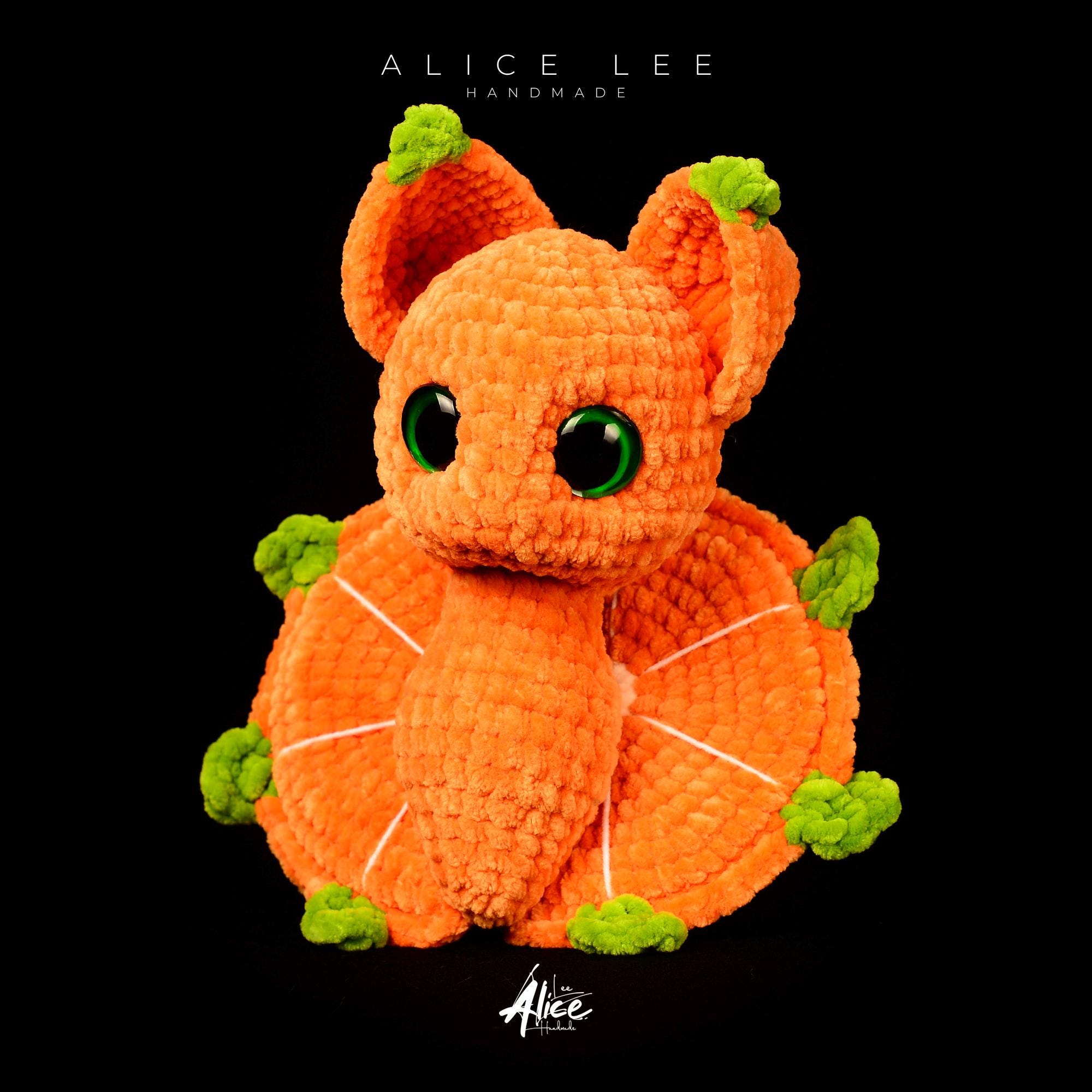 Crochet Orange Fruit Bat Plushie: Halloween Stuffed Animal with Green Leaf Wings - Thumbnail 7