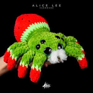 Watermelon Jumping Spider Plush. Green and red crochet toy with large black eyes and white fuzzy chelicerae (beard). Fruit-themed spider gift. Alice Lee Handmade.