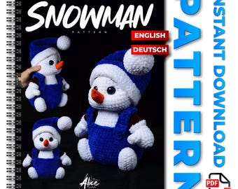May include: A crochet pattern for making a snowman amigurumi toy. The pattern is available in English and German. The cover of the pattern booklet features a white snowman with a blue hat and overalls. The text "INSTANT DOWNLOAD PDF" is on the right side of the image.