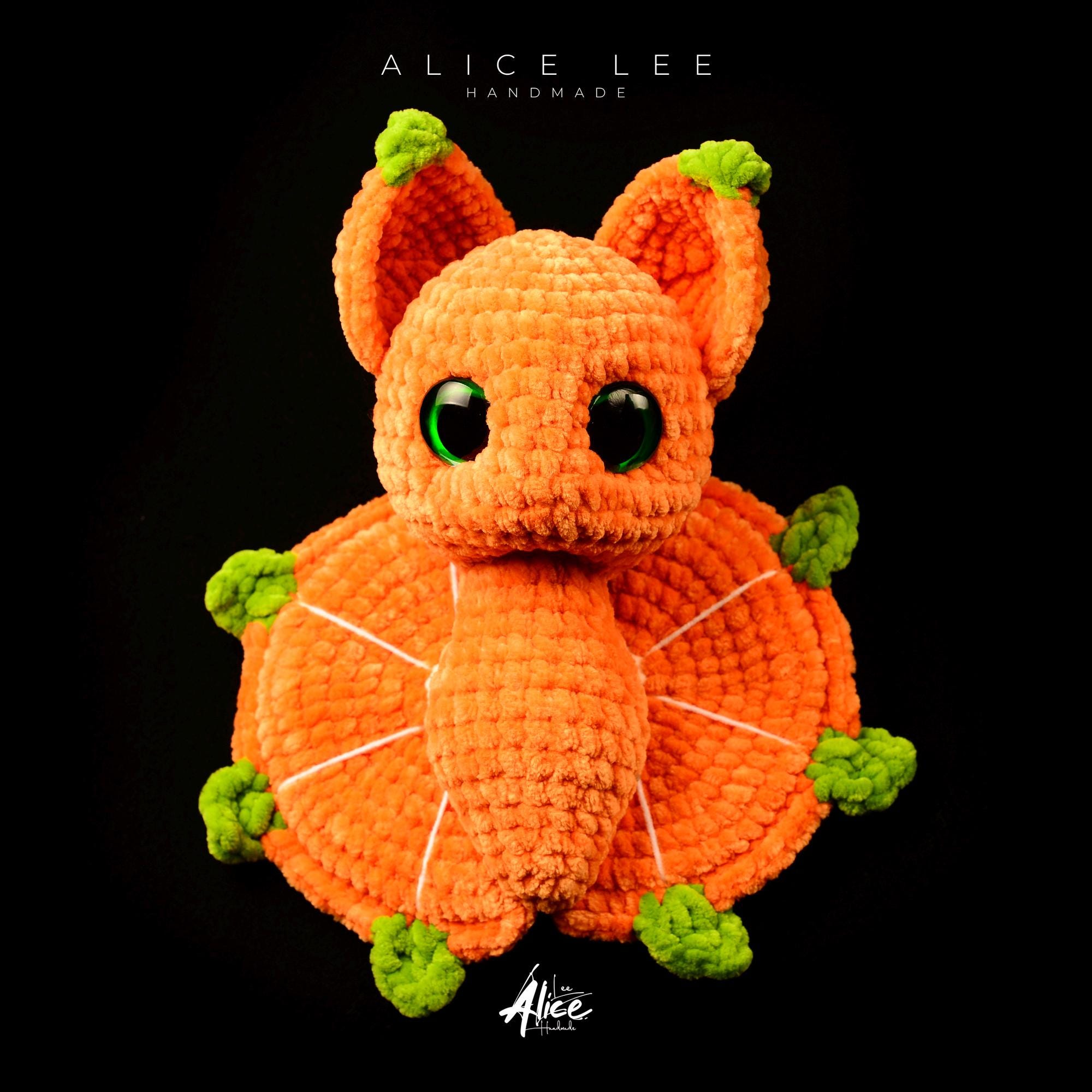 Crochet Orange Fruit Bat Plushie: Halloween Stuffed Animal with Green Leaf Wings - Thumbnail 6