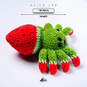 Medium Size Spider Toy. Photo showing 18-20 cm length. Handmade watermelon plushie scale view. Alice Lee Handmade.