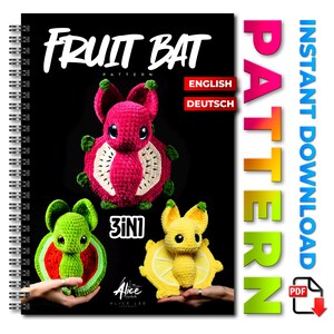 Virkmönsterpaket med fladdermus, Halloween-plysch med fruktfladdermus PDF Deutsch, Vattenmelon Citron Drakfrukt