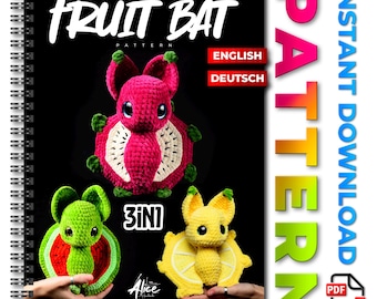 Crochet Bat Pattern Bundle, Fruit Bat Halloween Plushie PDF Deutsch, Watermelon Lemon Dragonfruit