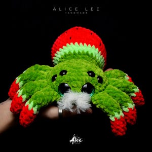 Patterned Fruit Spider. Detailed crochet work showing watermelon rind colors. Fuzzy bearded spider plush. Alice Lee Handmade.