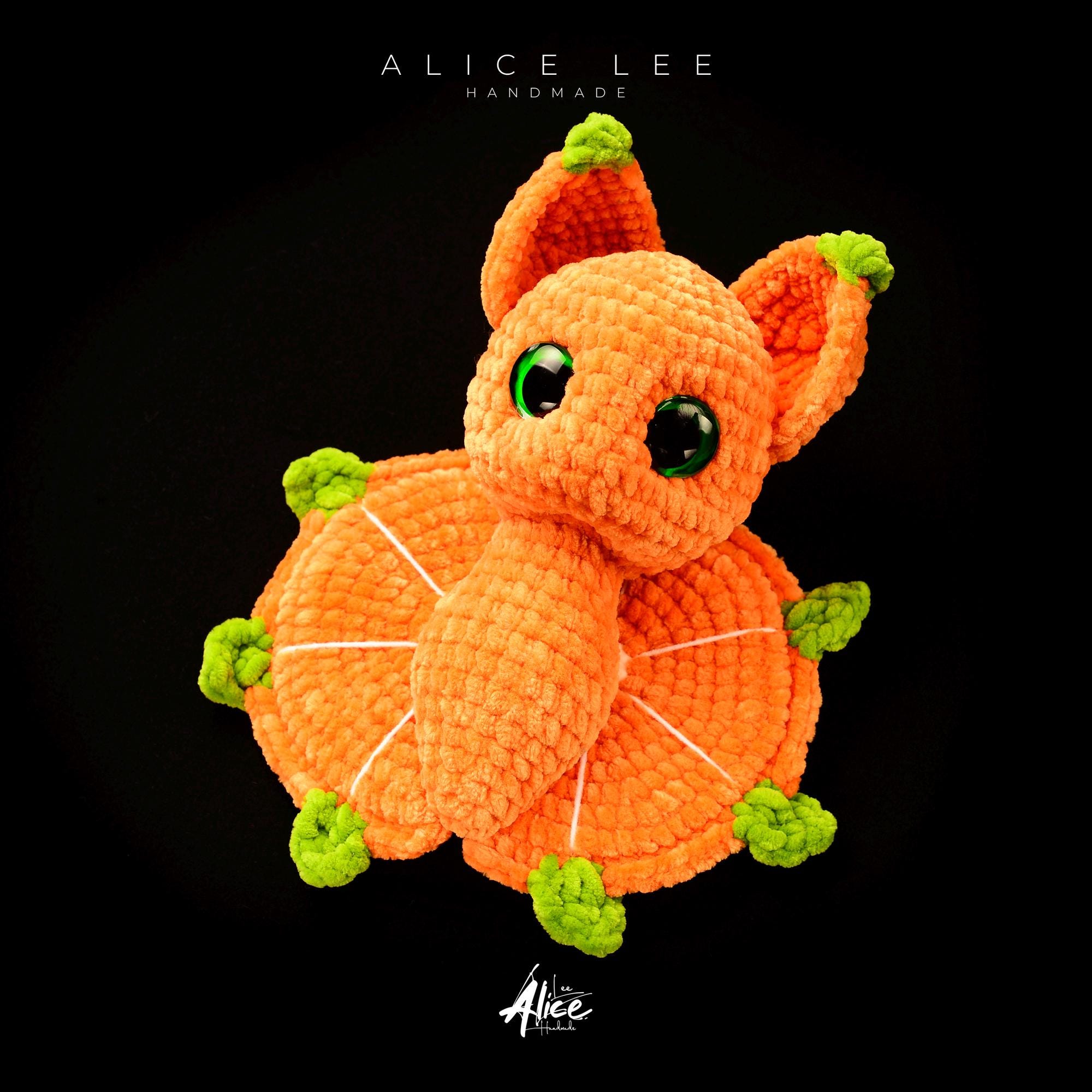 Crochet Orange Fruit Bat Plushie: Halloween Stuffed Animal with Green Leaf Wings - Thumbnail 2