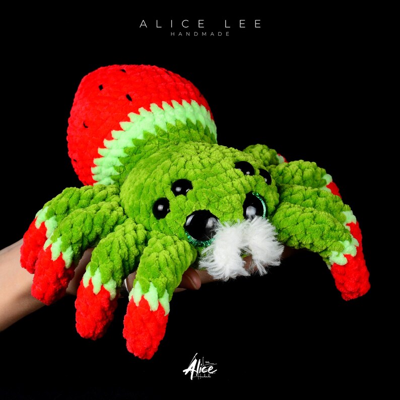 Cute Jumping Spider Face. Close-up of fuzzy white beard and large expressive eyes. Green and red crochet spider. Alice Lee Handmade.