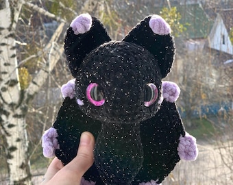 Black Glitter Crochet Bat Plush, Lavender Details, Gothic Halloween Kawaii Toy