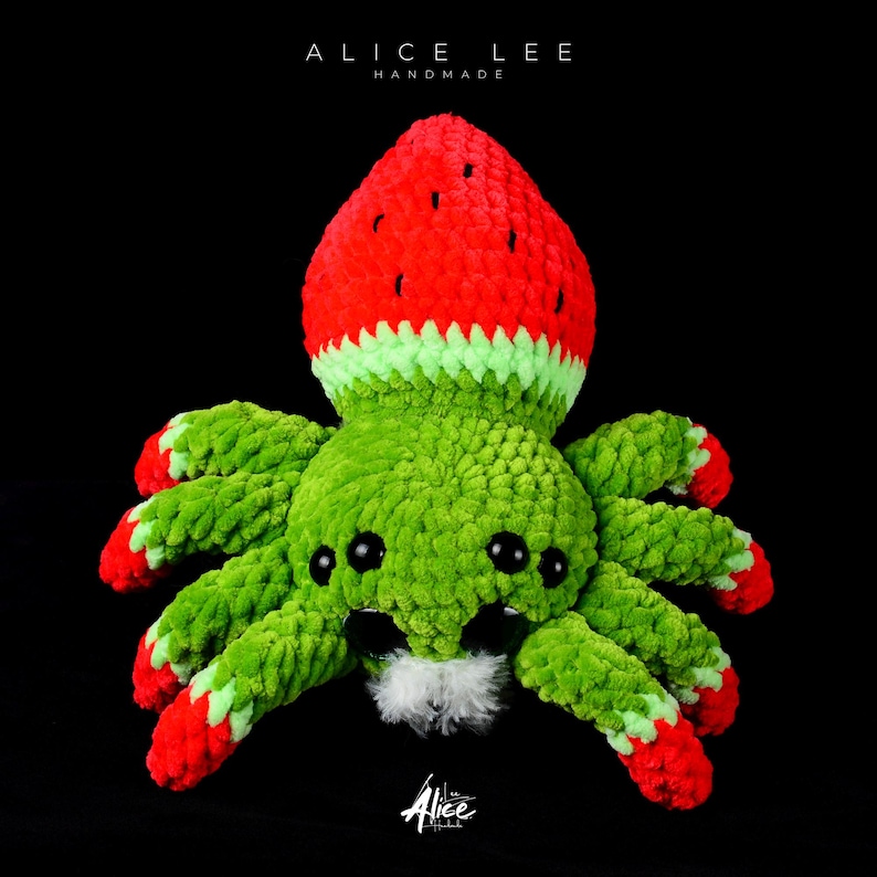 Green Legged Spider Plush. Red and green body mimicking a watermelon. Handmade fruit bug toy. Alice Lee Handmade.