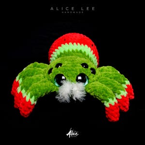 Green and Red Spider Amigurumi. Handmade plush with a watermelon-patterned body. Cute summer fruit decor. Alice Lee Handmade.