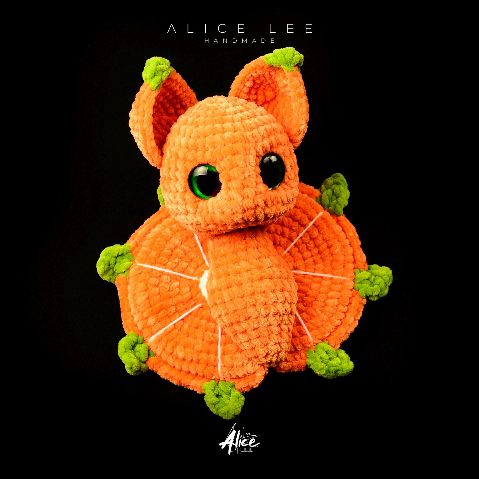 Crochet Orange Fruit Bat Plushie: Halloween Stuffed Animal with Green Leaf Wings - Thumbnail 4
