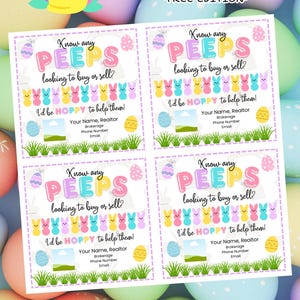 Peut inclure: Étiquettes cadeaux sur le thème de Pâques avec le texte "Know any PEEPS looking to buy or sell?" et "I'd be HOPPY to help them!" en couleurs pastel. Les étiquettes sont entourées d'œufs de Pâques et de graphiques de lapins colorés. Les étiquettes mesurent 8,89 x 8,89 cm.