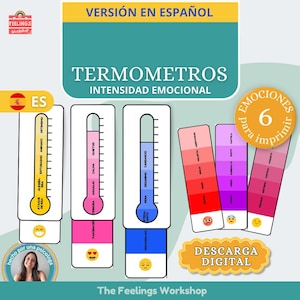 Puede incluir: Descarga digital de termómetros de intensidad emocional en español. El diseño incluye termómetros con niveles codificados por colores para diversas emociones, como alegría, tristeza y calma. También incluye el texto "Descarga Digital".