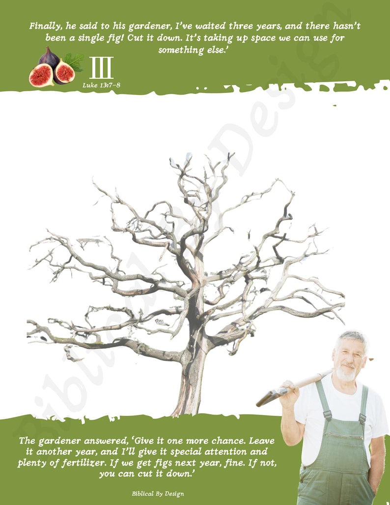 Puede incluir: Una ilustraci&oacute;n de una higuera est&eacute;ril con un hombre sosteniendo una pala. El texto dice: "Finalmente, le dijo a su jardinero: He esperado tres a&ntilde;os, y no ha habido ni un solo higo! C&oacute;rtalo. Est&aacute; ocupando espacio que podemos usar para otra cosa. ' III Lucas 13:7-8 El jardinero respondi&oacute;: 'Dale una oportunidad m&aacute;s. D&eacute;jalo un a&ntilde;o m&aacute;s, y le dar&eacute; una atenci&oacute;n especial y mucho fertilizante. Si obtenemos higos el pr&oacute;ximo a&ntilde;o, bien. Si no, puedes cortarlo.'"