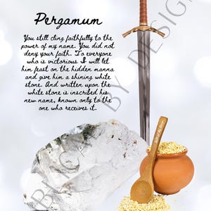 May include: An image featuring a sword, a large clear crystal, a small clay pot, and a wooden spoon. The sword has a gold hilt and a brown leather-wrapped grip. The text "Pergamum" and a biblical quote are also present.