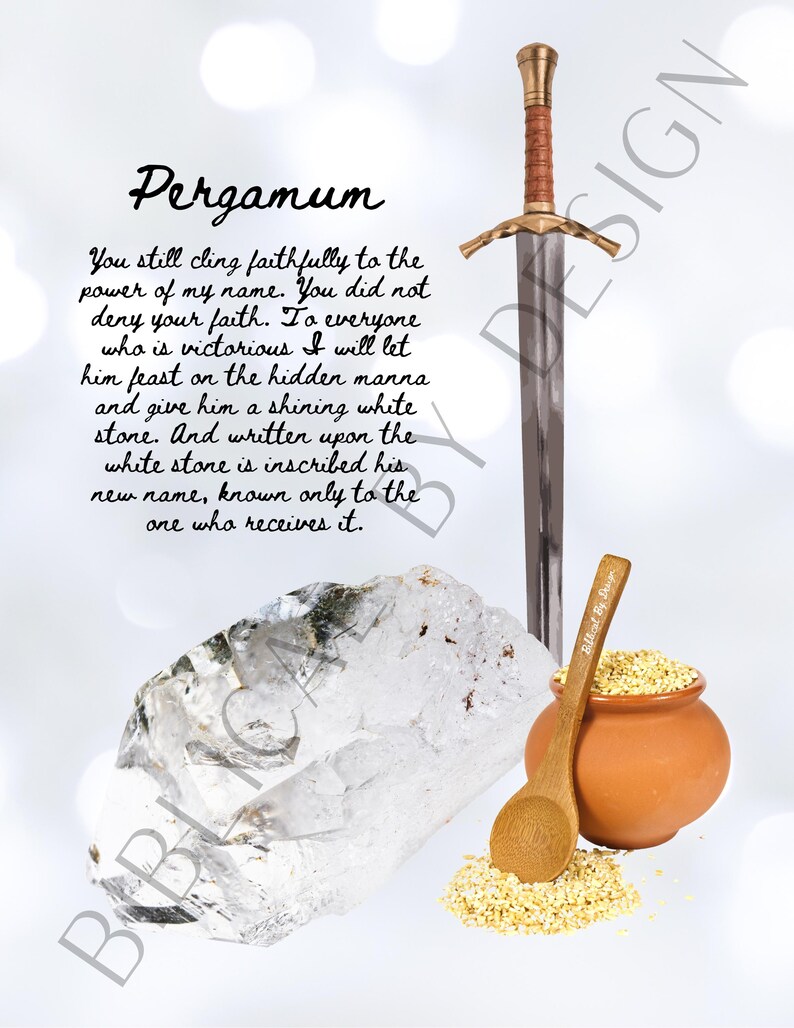 May include: An image featuring a sword, a large clear crystal, a small clay pot, and a wooden spoon. The sword has a gold hilt and a brown leather-wrapped grip. The text "Pergamum" and a biblical quote are also present.
