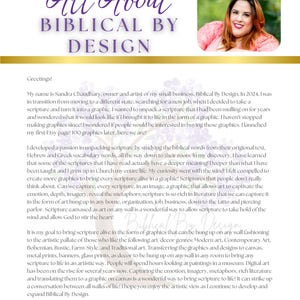 May include: A promotional image for "Biblical By Design" featuring a woman and text. The text includes the business name, a description of the business, and the owner's signature. The color scheme is purple, gold, and white.