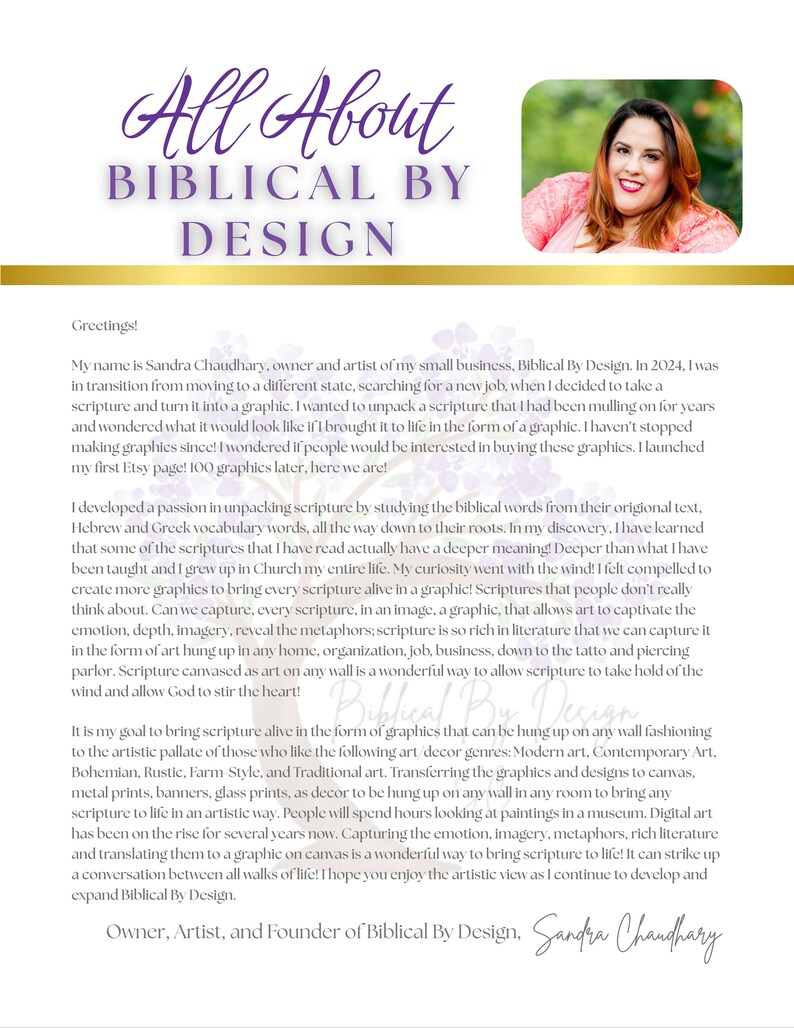 May include: A promotional image for "Biblical By Design" featuring a woman and text. The text includes the business name, a description of the business, and the owner's signature. The color scheme is purple, gold, and white.