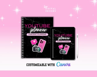 Op de afbeelding: Twee zwarte YouTube-planners met marmerpatroon en spiraalbinding, een notitieboek en een tabletformaat. Elk heeft de tekst "YOUTUBE planner" en "CONTENT PLANNING". Stickers van een roze telefoon, camera en hart zijn inbegrepen. De tekst "CUSTOMIZABLE WITH Canva" staat onderaan.