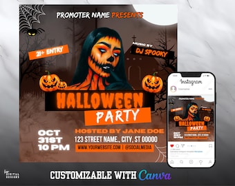 Könnte beinhalten: Ein Halloween-Party-Flyer mit einer Frau in orange-schwarzem Make-up. Der Flyer hat einen schwarzen Hintergrund mit orange-weißem Text. Der Text lautet "Halloween Party" und enthält das Datum, die Uhrzeit und den Ort der Veranstaltung. Der Flyer enthält auch den Text "Musik von DJ Spooky".