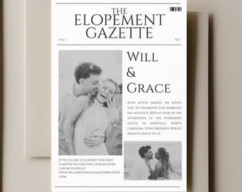 Plantilla editable de Canva para invitación de boda con diseño de periódico moderno