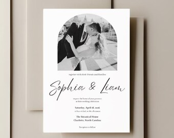 Plantilla editable de Canva para invitación de boda con arco minimalista