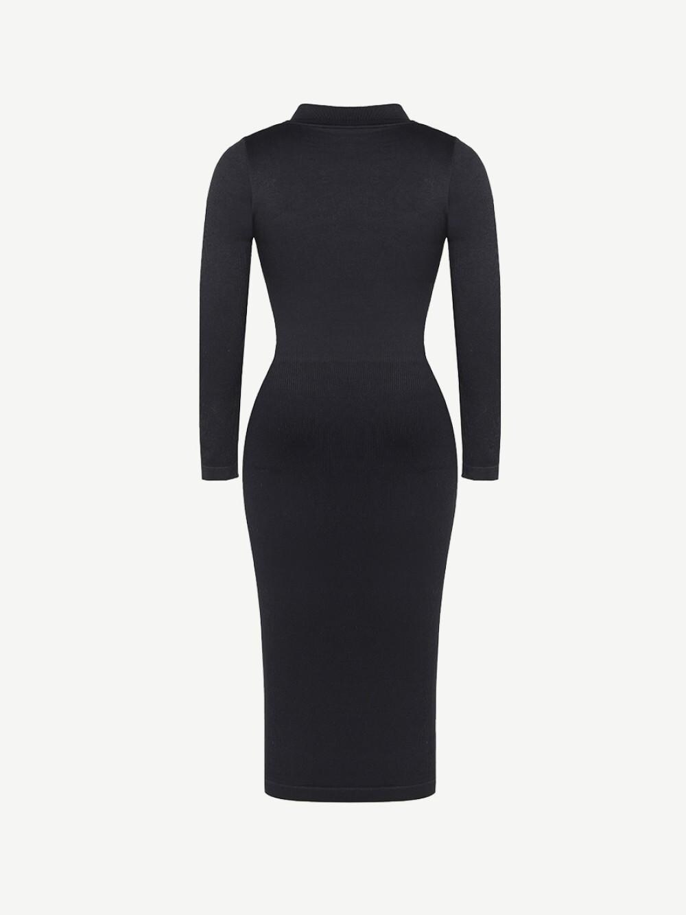 Shirt Collar Faux Leather Panel Ribbed Midi Dress