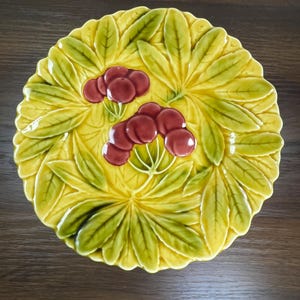 Vintage Sarreguemines French Majolica Cherry Fruit Plate