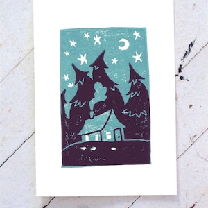 Cartão Cabin in the Woods, Starry Night - Impresso à mão em azul e índigo