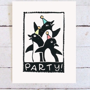 Carte d'anniversaire fête des pingouins imprimée à la main