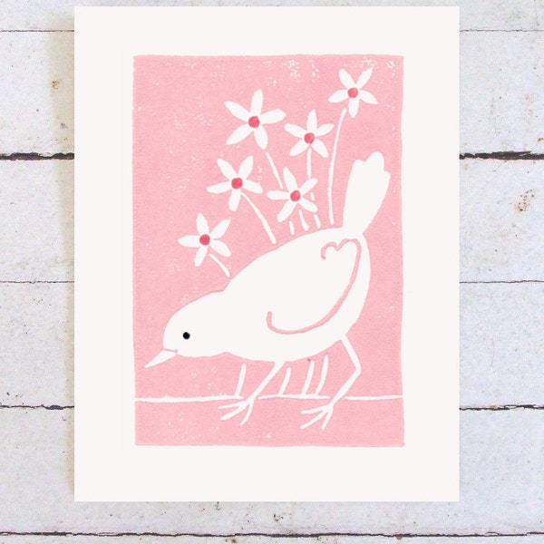 Rose Bird with Flowers - Handmade Linoleum Block Print