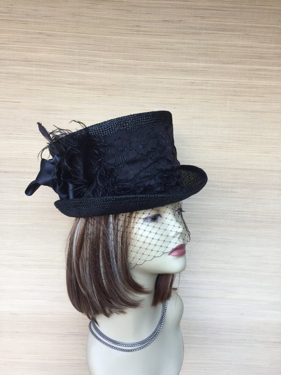 Black Straw Womens Top Hat with Veil Victorian Kentucky Etsy