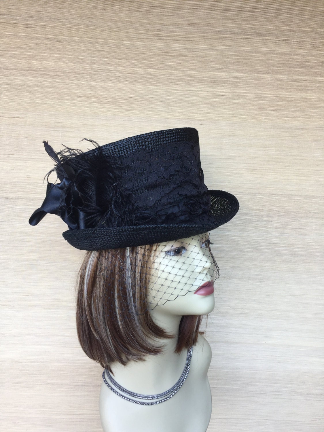 Black Straw Womens Top Hat with Veil Victorian Kentucky Etsy