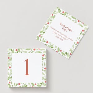 Peut inclure: Une carte blanche avec une bordure florale verte et rouge. La carte porte le numéro "1" au centre et le texte "Semaine 1 : Espérance Jour 1" ainsi qu’une citation d’Ésaïe 40 :31.