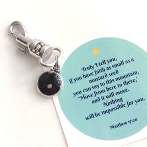 mustard seed charm keychain. faith gift with bible verse. christian inspiration gift. scripture encouragement. symbolic baptism keepsake image 6