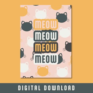 Meow Pink Cat Pattern Printable Print, Digital Download